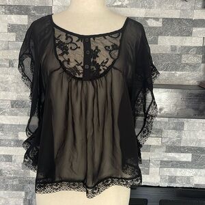 Mimi Chica Womens Small Blouse Black Sheer Lace Cover-Up Top